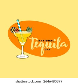 Dia Nacional da Tequila para comemorar em 24 de julho. Um copo de bebida de tequila coberto com fatias de limão, folhas de hortelã e bagas em fundo amarelo brilhante. Banner do evento Drink.