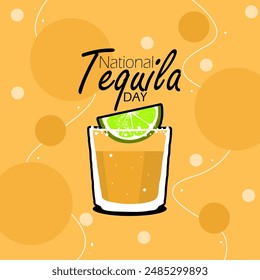 National Tequila Day event drink banner. A glass of Tequila with a lime slice on orange background to celebrate on July 24th