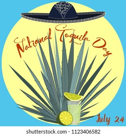 National tequila day invitation greeting card poster template. Vector flat style design illustration. Tequila agave plant, sombrero, mexican liquor tequila shot glass and slices of lime fruit.