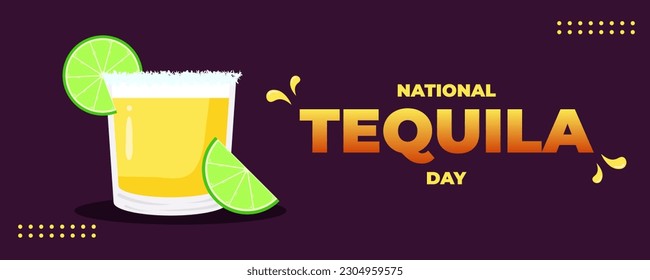 National Tequila Day on 24 July Banner Background. A Glass of Tequila with Lime and Salt on Top. Horizontal Banner Template Design. Vector Illustration