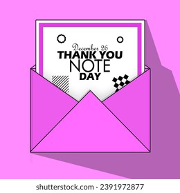 National Thank You Note Day event banner. A pink envelope containing a note with bold text on pink background to celebrate on December 26
