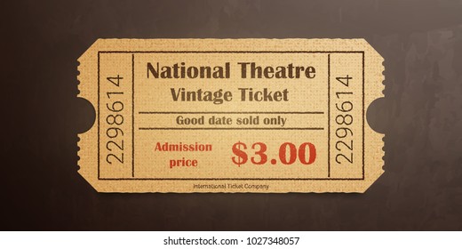 National theater vintage ticket. High detail grunge paper or cardboard.Vintage old coupon. Retro ticket template. Vector illustration.