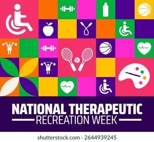 National therapeutic recreation week Geometric shape pattern banner or poster design template. observed every year in july. Holiday concept. Use to any Template, card, poster, placard, template.
