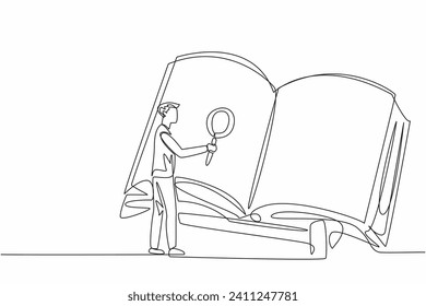 National Thesaurus Day. Annual celebration event. One single line drawing of young intelligence man holding magnifying glass to search information from giant book. Knowledge discovery concept
