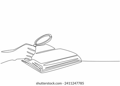 National Thesaurus Day. Single continuous line drawing person hand holding magnifier glass and searching significant information from opened old script book. Digging knowledge from the source concept