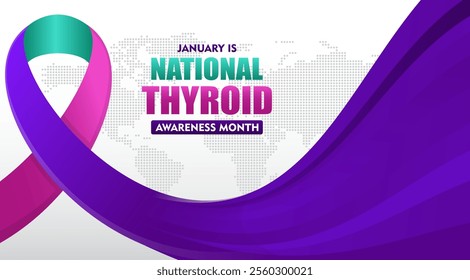 National thyroid awareness month is celebrated every year in January. with purple ribbon and typography suitable for banner, card, poster, template background