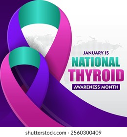 National thyroid awareness month is celebrated every year in January. with purple ribbon and typography suitable for banner, card, poster, template background