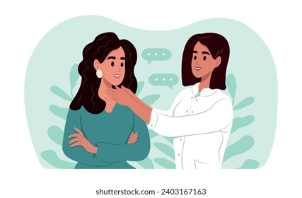 National Thyroid Awareness Month. Endocrinologist examining thyroid gland of woman. Endocrinologist deal with the diagnosis and treatment of the human thyroid gland.