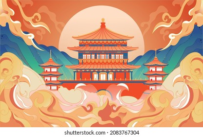 National tide architectural illustration chinese style ancient architecture city landmark attraction poster