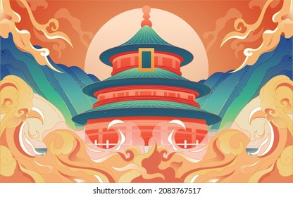 National tide architectural illustration chinese style ancient architecture city landmark attraction poster