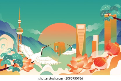 National tide architecture festival illustration chinese style city landmark background poster