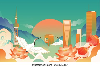 National tide architecture festival illustration chinese style city landmark background poster