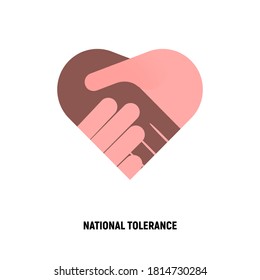 National tolerance flat icon. Handshake in heart shape. Multicultural cooperation, antiracism, integration in society. Vector illustration.