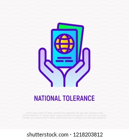 National tolerance thin line icon: different passports in hands. Modern vector illustration of globalization.