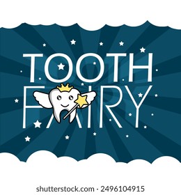 National Tooth Fairy Day Event Banner.  Fette Text mit Sternen und einer Zahnfee, die eine Königskrone trägt, die ihren Zauberstab über den Wolken hält, um am 22. August zu feiern