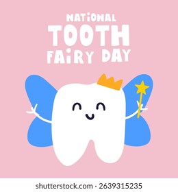 National tooth fairy day. Flat vector design on pink background.