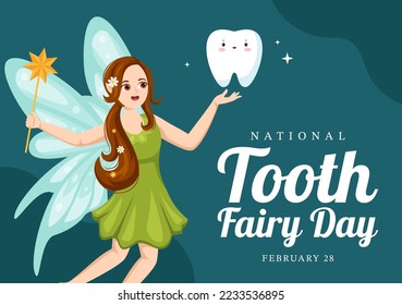 National Tooth Fairy Day with Little Girl to Help Kids for Dental Treatment Fit as a Poster in Flat Cartoon Hand Drawn Template Illustration