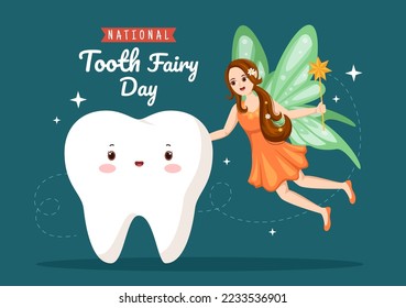 National Tooth Fairy Day with Little Girl to Help Kids for Dental Treatment Fit as a Poster in Flat Cartoon Hand Drawn Template Illustration