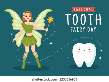 National Tooth Fairy Day with Little Girl to Help Kids for Dental Treatment Fit as a Poster in Flat Cartoon Hand Drawn Template Illustration