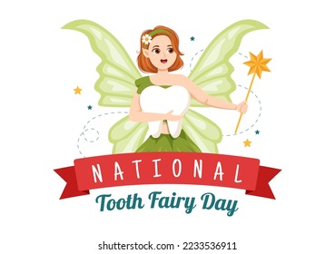 National Tooth Fairy Day with Little Girl to Help Kids for Dental Treatment Fit as a Poster in Flat Cartoon Hand Drawn Template Illustration