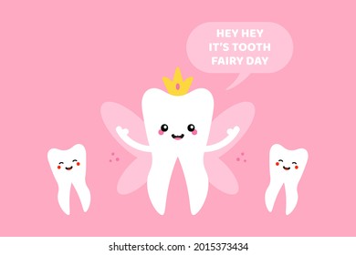 National Tooth Fairy Day vector cartoon style greeting card, illustration with cute cartoon style tooth characters and tooth fairy, queen with wings. August 22.
