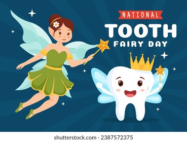 National Tooth Fairy Day Vector Illustration with Little Girl to Help Kids for Dental Treatment Fit in Flat Cartoon Background Design