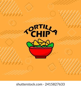 Cartel del Día Nacional del Chip de la Tortilla. Un bol rojo que contiene chips de tortilla con salsa de tomate y verduras, con texto en negrita y elementos en fondo marrón claro para celebrar el 24 de febrero