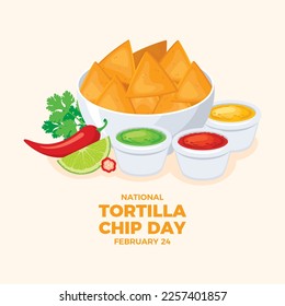 National Tortilla Chip Day vector. Chips and dips vector. Bowl of corn chips and garnish icon vector. Nachos tortilla chips and salsa sauce illustration. February 24. Important day