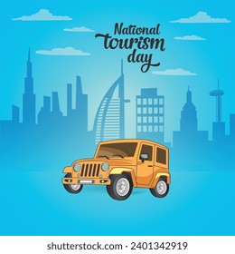national Tourism Day social media post .international tourism day poster design with hand lettering and jeep vector  .Travel concept background. 