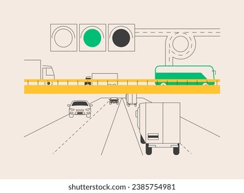 National transport abstract concept vector illustration. National transportation system, truck with flag, car driver, urban life, trailer on road, lorry industry, motorway abstract metaphor.