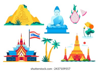 National Treasure of Thailand - flache Design-Stil-Objekte gesetzt. Hochwertige bunte Bilder von Khao Chi Chan, Big Buddha in Phuket, Pitaya-Frucht, Sunrise Temple Wat Arun und schöne Lotusblume