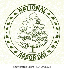 National tree planting day. Symbolic image of oak, post-stamp. Restoration of forests, gardening of urban and suburban parks, squares. On a light grunge background. Vector.