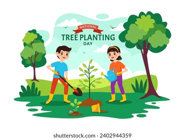 Ilustración vectorial del Día Nacional de Plantación de Árboles Infantiles Plantan Árboles de Semillas en Bosque o Jardín en el Diseño de Fondo de Dibujo Plano de Árbol