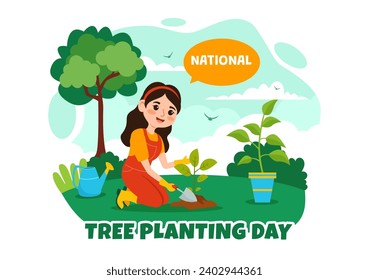 National Tree Planting Day Vector Illustration with Kids Plant Seedling Trees in Forest or Garden in Arbor Flat Cartoon Background Design