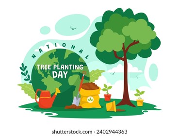 National Tree Planting Day Vector Illustration with Kids Plant Seedling Trees in Forest or Garden in Arbor Flat Cartoon Background Design