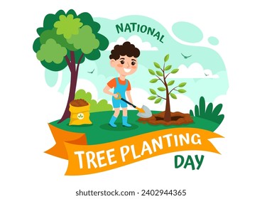National Tree Planting Day Vector Illustration with Kids Plant Seedling Trees in Forest or Garden in Arbor Flat Cartoon Background Design