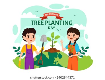 National Tree Planting Day Vector Illustration with Kids Plant Seedling Trees in Forest or Garden in Arbor Flat Cartoon Background Design