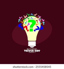 National Trivia Day to celebrate on January 4th. A light bulb with different colors of question marks on dark maroon background.