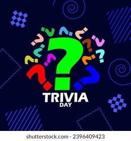 National Trivia Day event banner. Several colorful question mark symbols with bold text and elements on dark blue background to celebrate on January 4