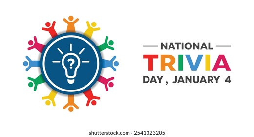 National Trivia Day. Exclamation points, lamp and peoples. Great for cards, banners, posters, social media and more. White background.