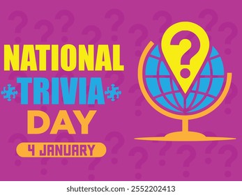 Cartaz do Dia da Trivia Nacional - Comemore o conhecimento com o ponto de interrogação do globo, ícones da trivia divertida, livros, lâmpadas, quebra-cabeças | Design minimalista para os Entusiastas de Trivia | Moderno, limpo e envolvente.