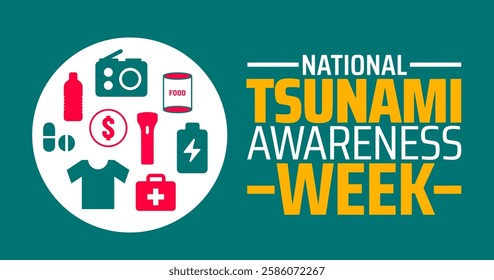 National Tsunami Awareness Week background banner or poster design template. observed every year in March. Holiday concept. Use to any Template, card, poster, placard, template.