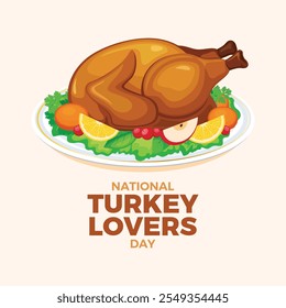 National Turkey Lovers Day cartaz ilustração vetorial. Peru assado com enfeite em um vetor ícone de placa. Modelo para plano de fundo, banner, cartão. Terceiro domingo de junho de cada ano