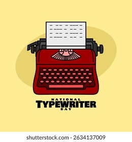 National Typewriter Day to celebrate on June 23rd. A red typewriter with bold text on bright yellow background.