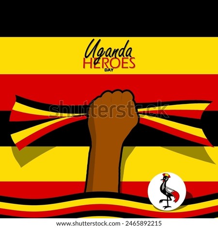 National Uganda Heroes Day event banner. Hands raised and holding the Ugandan flag to celebrate on June 9th