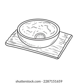 National ukrainian dish meal in hand made ceramic bowl on wooden cutting board isolated on white background. Hand drawn vector sketch illustration in doodle vintage engraved style. Tasty, delicious.