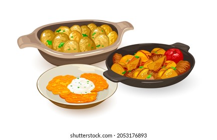 National ukrainian dishes made of potatoes. Vector pan wok, new potato with greenery, hash browns. Ethnic cuisine, dinner assortment, food idea. Isolated on white background