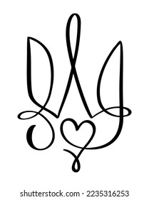 Nationalukrainisches Symbol Trident Symbol mit Herzliebe. Vektor Hand gezeichnete Kalligrafie-Wappen des ukrainischen Staates Emblem schwarze farbige Illustration flaches Bild.