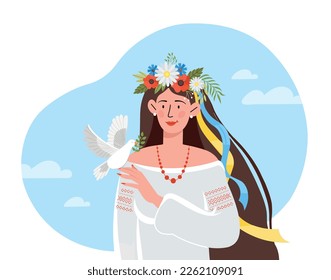 National Ukrainian wreath. Young girl with dove in flowers. Fight for independence and freedom, sovereignty, stop war, russian aggression. Stay with Ukraine. Cartoon flat vector illustration