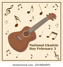 National Ukulele day February 2,Vector design. The image features a digital illustration with a light beige background. It depicts a dark blue ukulele on the left side, with various musical notes sc


